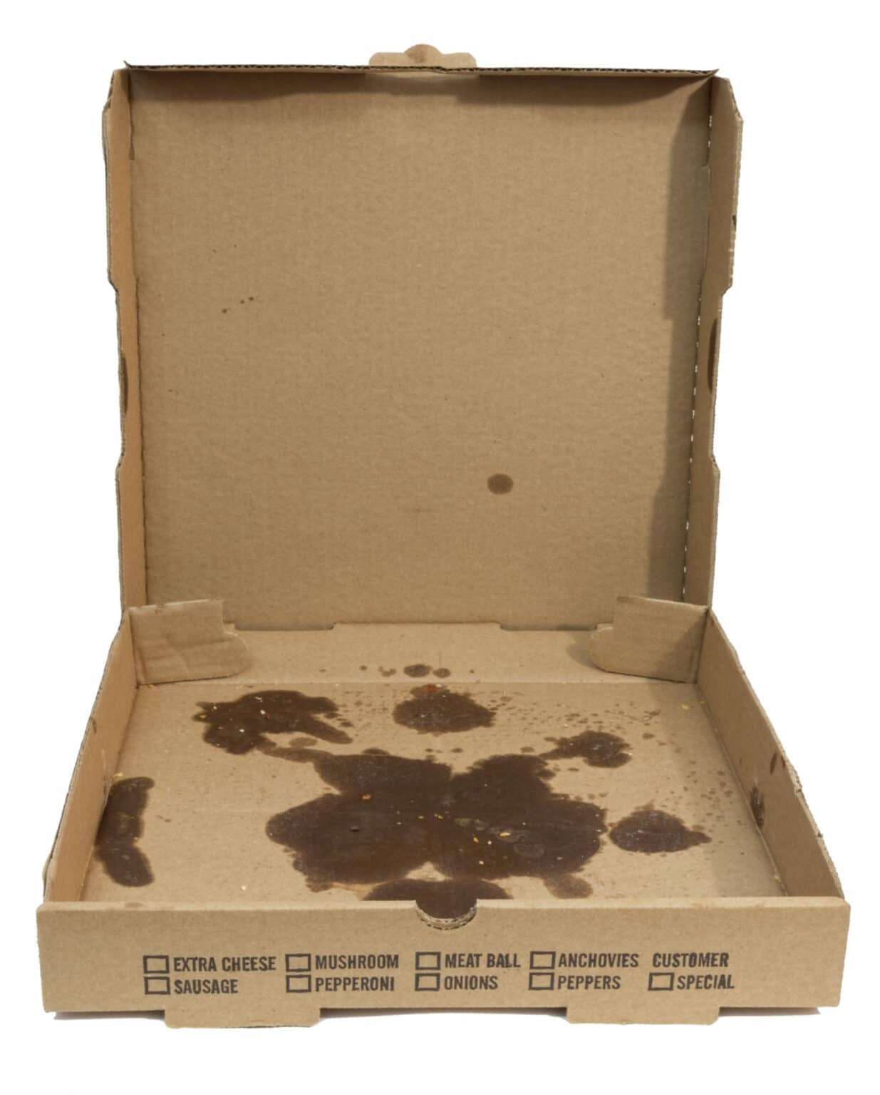 Empty greasy pizza box with lid open. Isolated. Jeffries